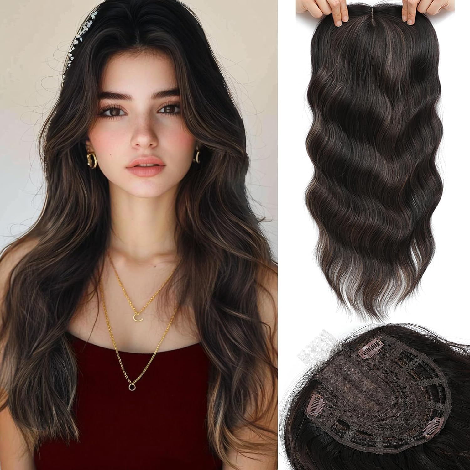 Hair Topper, 360° 3D Toppers for Women with Thinning Hair, 20 Inch Long Curly with Side Bangs (Dark Brown with Highlights, Side Bangs)