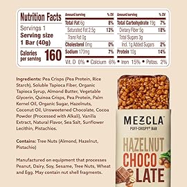 Mezcla Puff Crispy Protein Bars, Gluten Free & Vegan Protein Bars, 10g Protein, Alt for Crispy Rice Treat, Granola Bars & Breakfast Bars, Healthy Snacks for Adults, Hazelnut Chocolate, 12 Pack