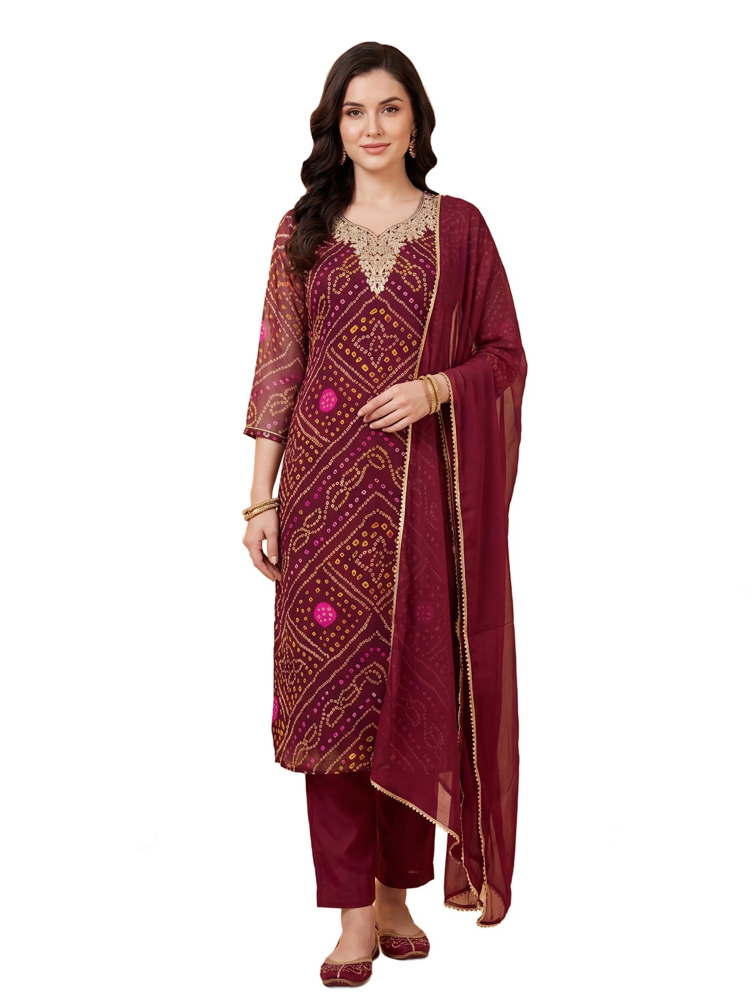 Women's Georgette Bandhani Embroidered Sequinned Kurta & Pant with Dupatta Set-image-21