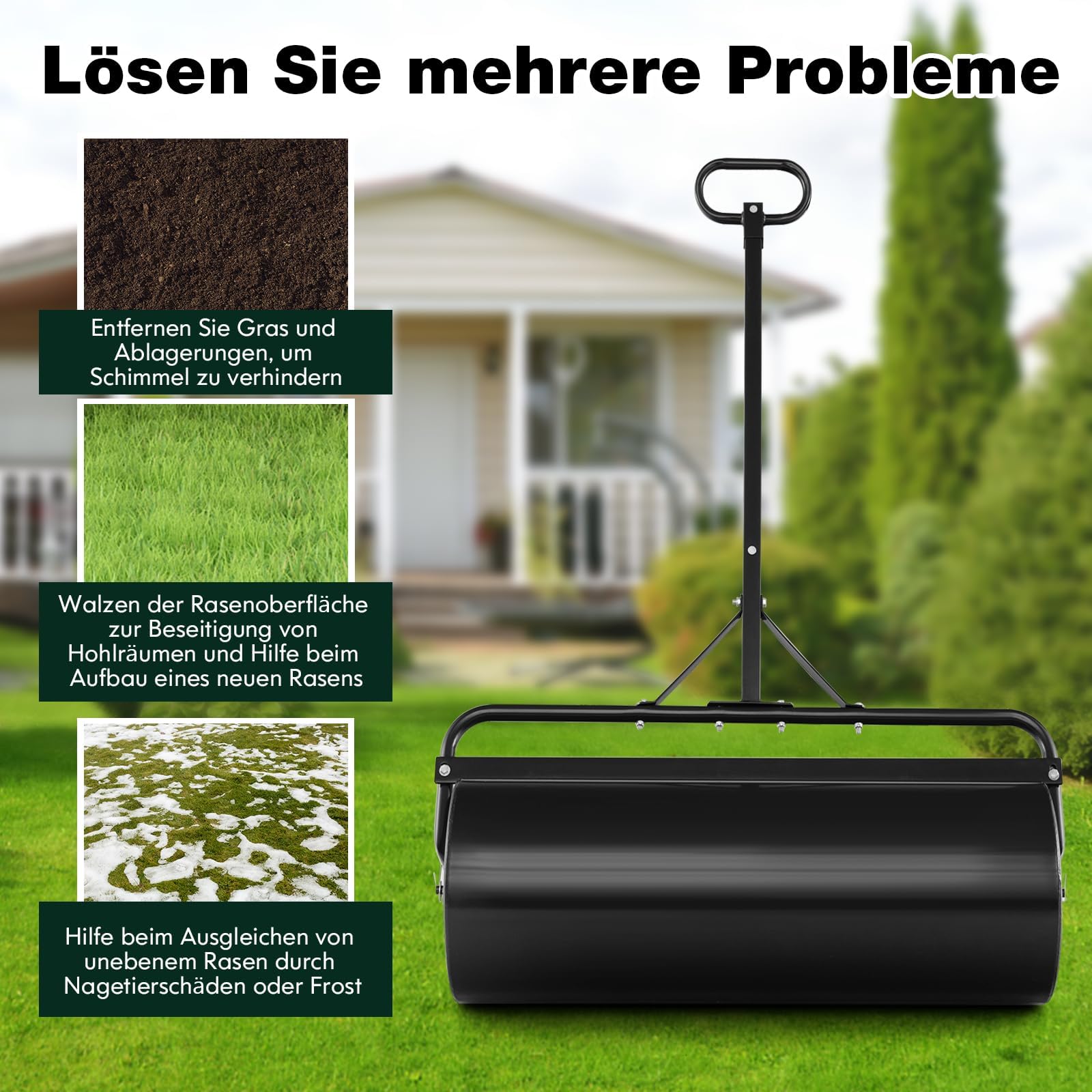 FANTASK Walec do trawnika metalowy, 113 l, wałek ręczny z uchwytem, wałek ogrodowy Ø 40 cm, napełniany wodą/piaskiem, bęben do dużych obciążeń, wałek do trawy (czarny)