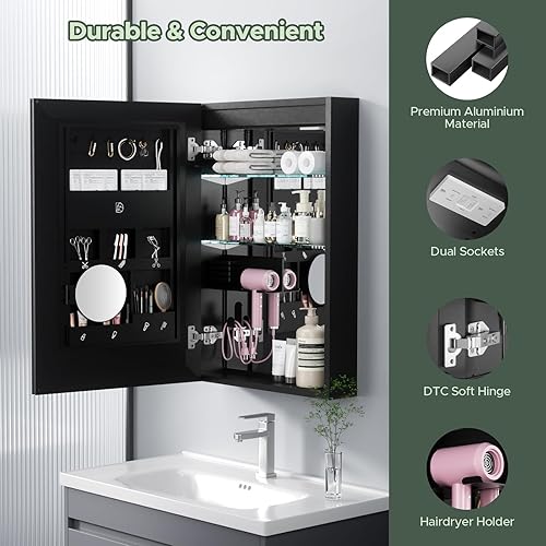 Miniatura 6 de LIGMIRR Botiquín de baño con luces, botiquín de medicina LED de 36 x 24 pulgadas con espejo, botiquín iluminado de doble puerta con desempañador,