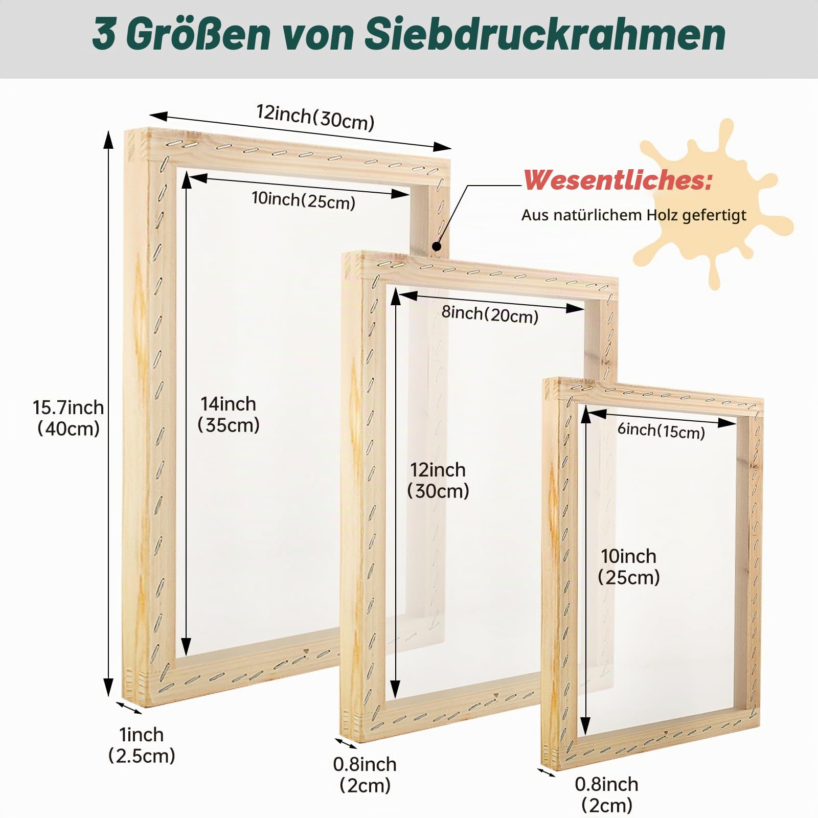 Ecoofor 49-teiliges All-in-One-Siebdruck-Set mit Holz-Siebdruckrahmen in 3 Größen, 6 Farben Siebdruckfarbe, 10 A4-Tintenstrahl-Transparenzfolien