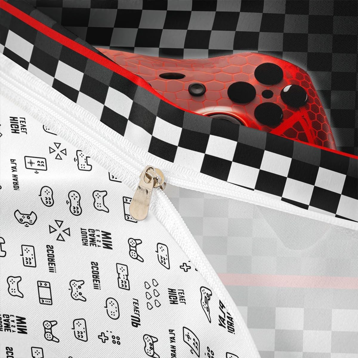 Boys Gamers Gamepad Duvet Cover,Video Gamers Bedding Set for Kids Teens Girls Room Decor,Red Black White Grid Patchwork Comforter Cover Racing Gaming Reversible Quilt Cover Twin Size,1 Pillowcase