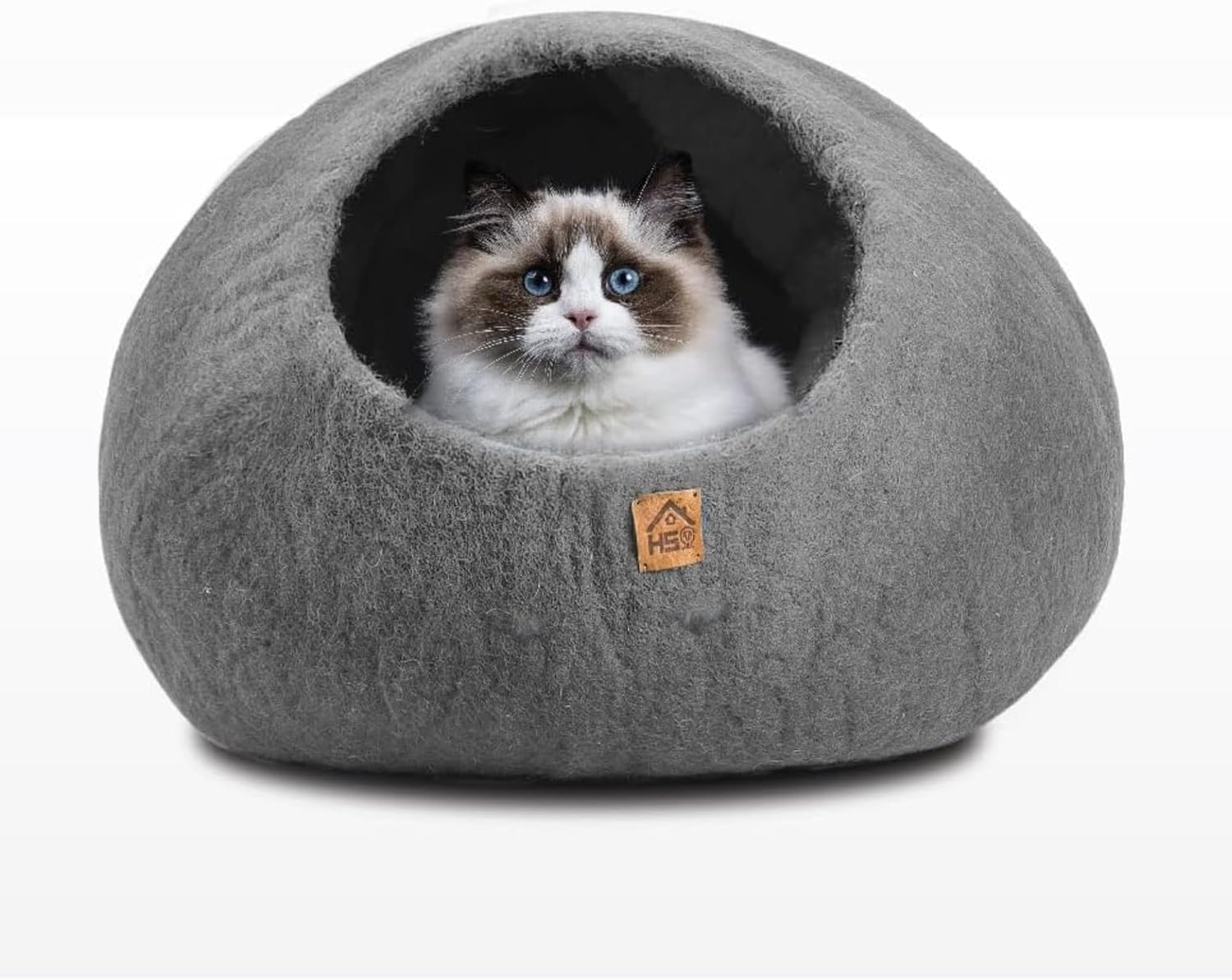 Wool Cat Cave, Handmade Felted Wool Cat Bed for Indoor Cats, Cozy Pet Hideout Pod, Natural Cat House for Kittens & Small Cats, Warm, Durable & Stylish Cat Condo (Medium, Plain Gray)