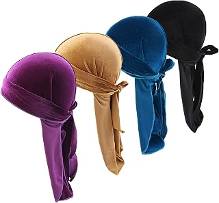 Men Long Tail Turban 4 Durags Velvet Pirate Hat Baotou Wave Cap Wide Shoulder Band Beans Women Pieces