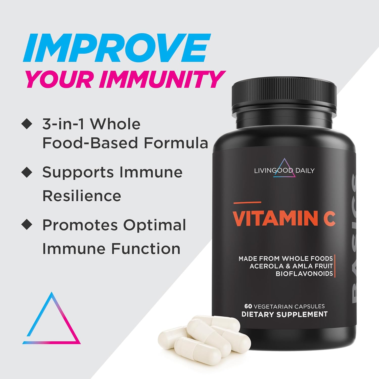 Livingood Daily Vitamin C Supplement, 3-in-1 Whole Food-Based Vitamin C with Acerola & Amla Fruit Extracts and Citrus Bioflavonoids for Immune Support, Vegan, Gluten Free, Non GMO, 60 Capsules