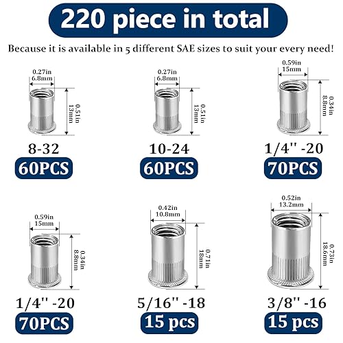 Miniatura 3 de Vifmy - Kit surtido de tuercas remachables SAE (220 piezas), #8-32#10-24 14"-20 516"-18 38"-16, Juego de tuercas remachables de acero inoxidable 304