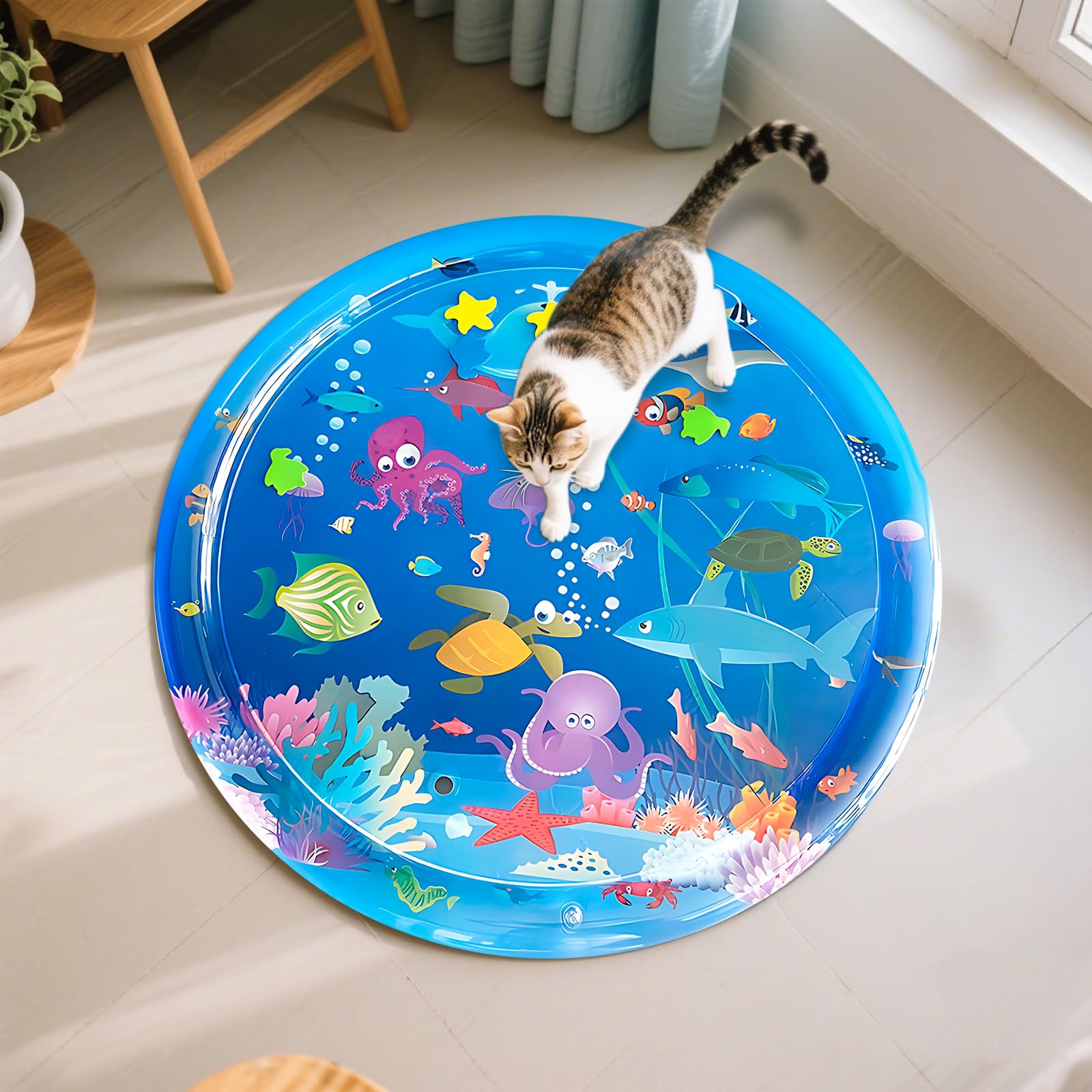 Cat Water Bed,Cats Water Mat with Fish,Cat Water Bed PlayMat,Two Layers ThickenedRound Sensory, Non-Slip Play mat, Floating Fish, for Indoor Cats Kitten, Durable Easy-Clea