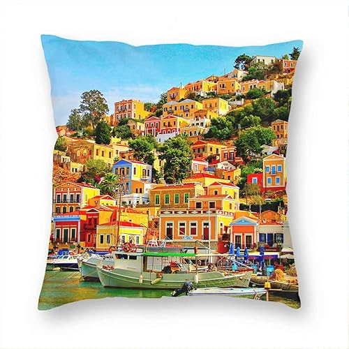 Greece Symi - Funda de cojín decorativa para sofá, silla, cama, automóvil, sala de estar, dormitorio, oficina, 18 x 18 pulgadas, KXR-2669