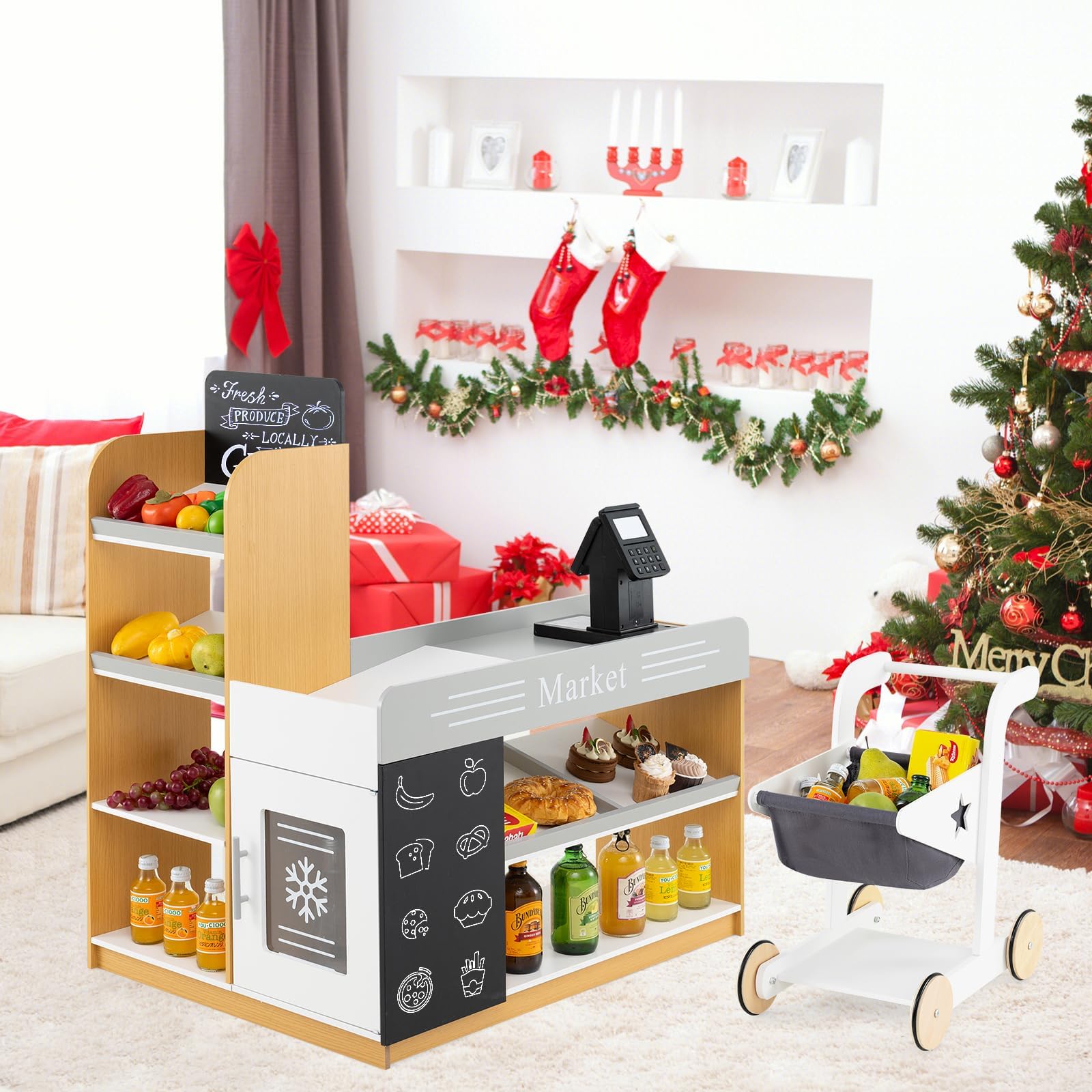 GOPLUS Kaufladen mit Einkaufswagen, Kaufmannsladen mit Kasse & 2 Tafel, Einkaufsladen Kinder mit inkl. Scanner & Kartenlesegerät, Supermarkt Holz, Verkaufsstand für Kinder ab 3 Jahren