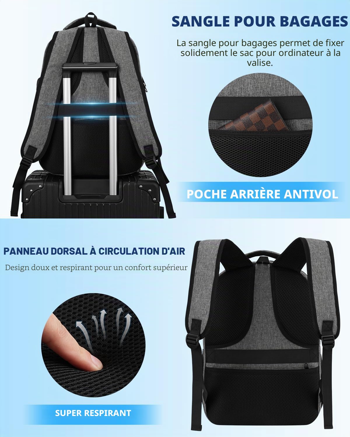 kadilong 17,3 Pouces Sacs à Dos pour Ordinateur Portable pour Homme,Sac École Secondaire Cartable Lycée Garçon avec Port USB