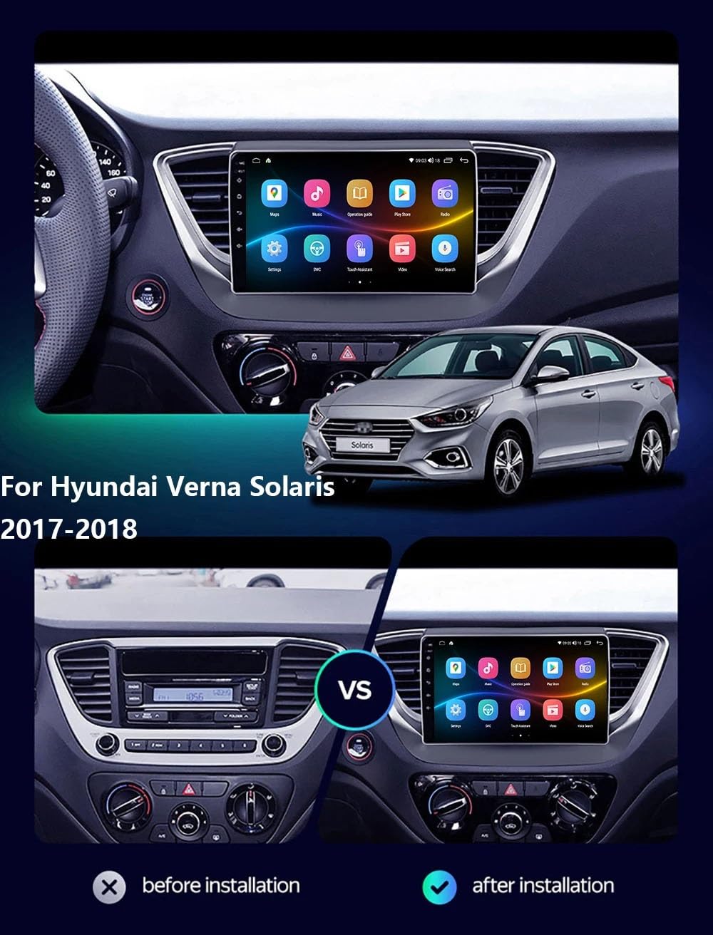 Ekran Carplay dla Hyundai Solaris Verna 2017-2018 Przenośne Radio Samochodowe Z Ekranem Dotykowym Hd, Funkcją Mirror Link I Carplay;, 8 Rdzeń 8G+256G