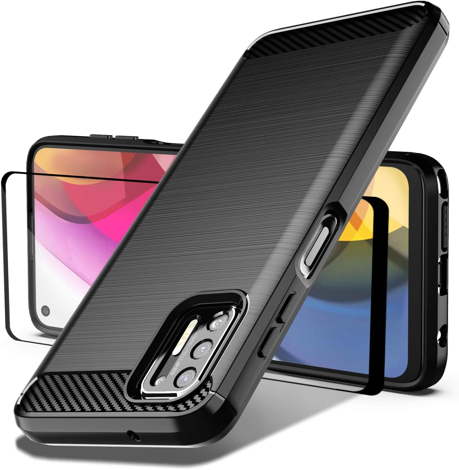 Dretal Moto G Stylus 2021 Case & Tempered Glass Protector, Shock-Absorbent Slim TPU, Soft Rubber, Brushed Texture (LS-Black)