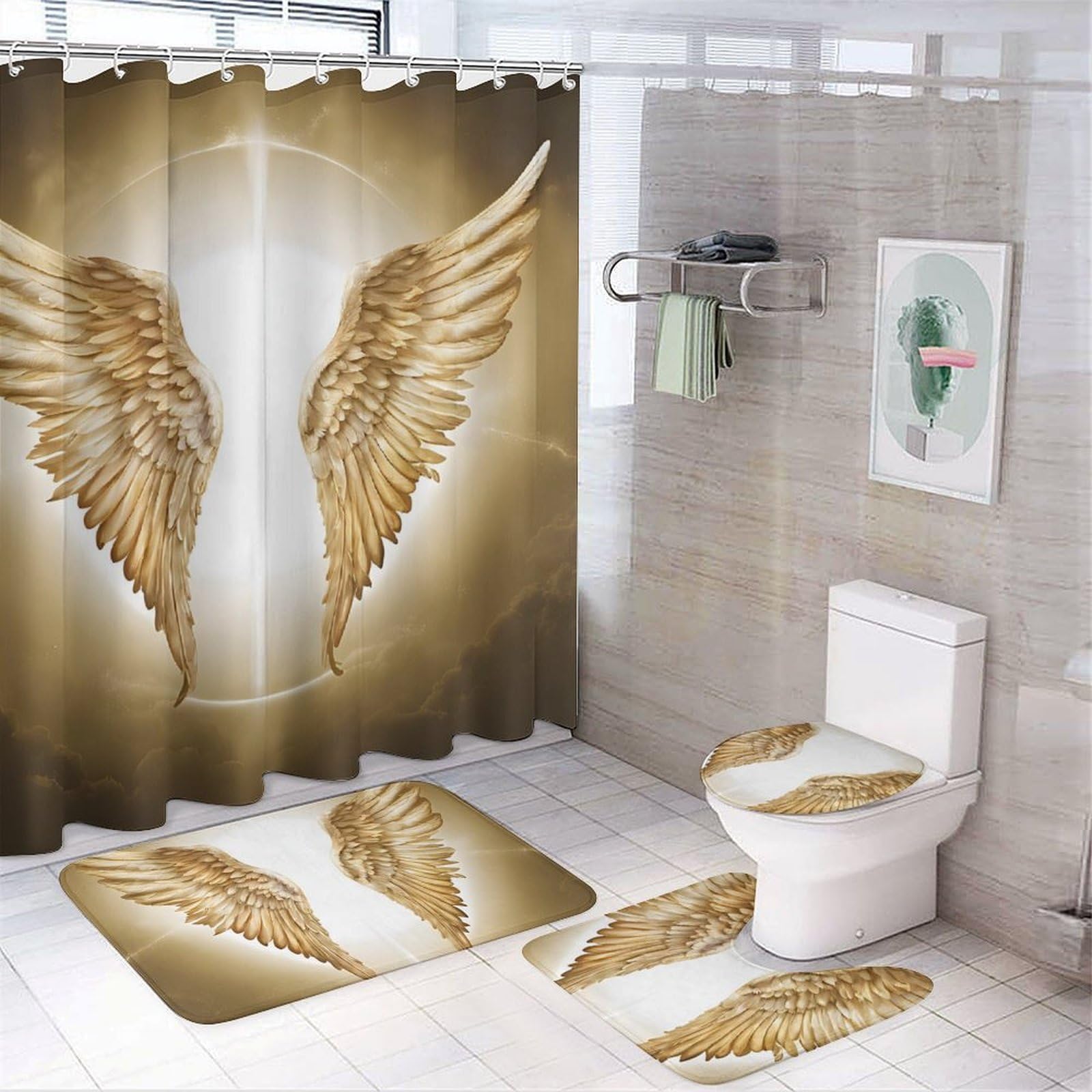 Angel Wing Print Four Piece Bathroom Set 183 * 183cm Shower Curtain, Non-Slip Floor Mats, U-Shaped Mat, and Toilet Lid Cover