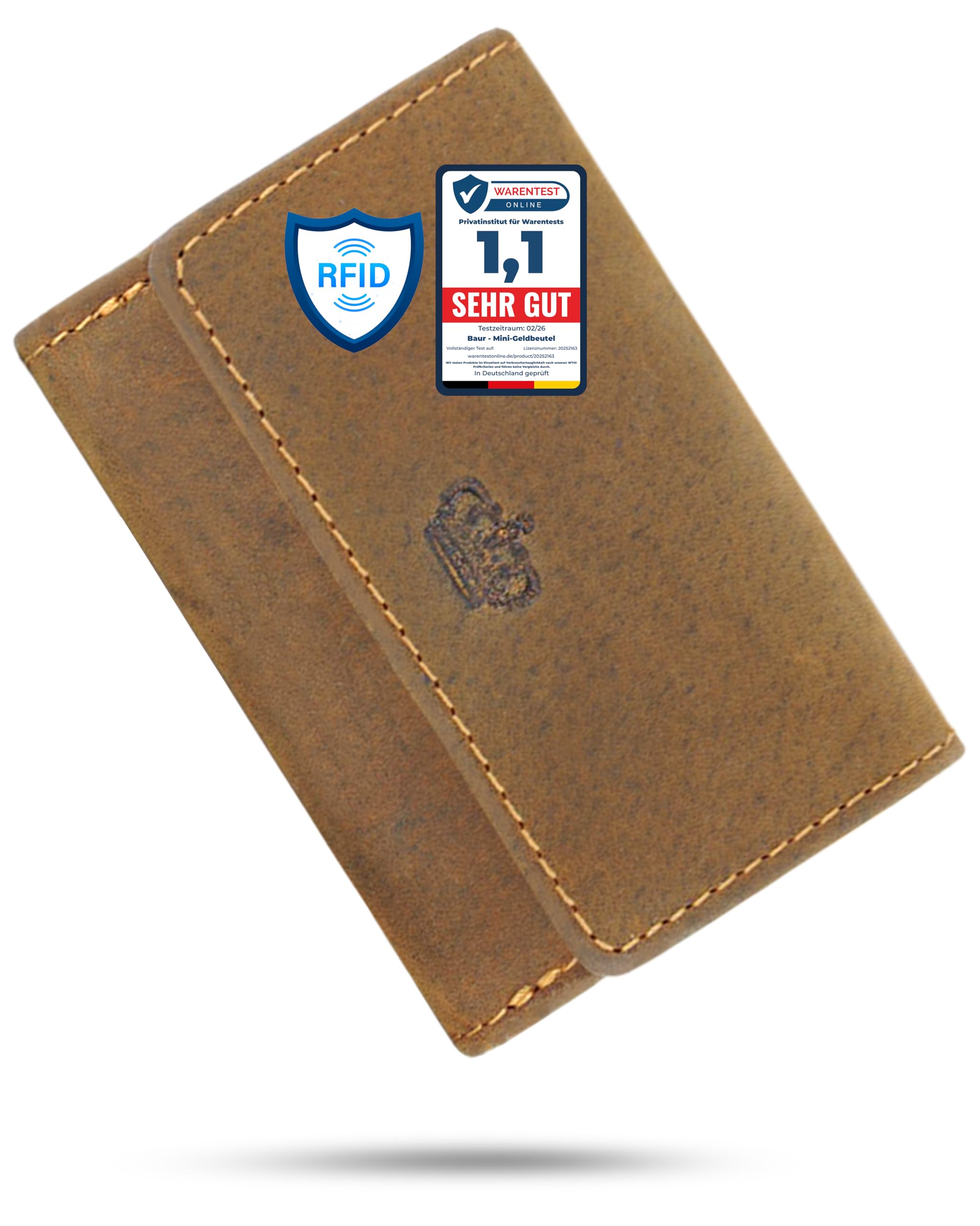 Baur Mini-Geldbörse für Damen und Herren – Echtes Leder mit RFID-Schutz – Kleines Portemonnaie mit 2 Kartenfächer – Schein- & Münzfach mit Druckknopfverschluss (Braun Büffelleder)