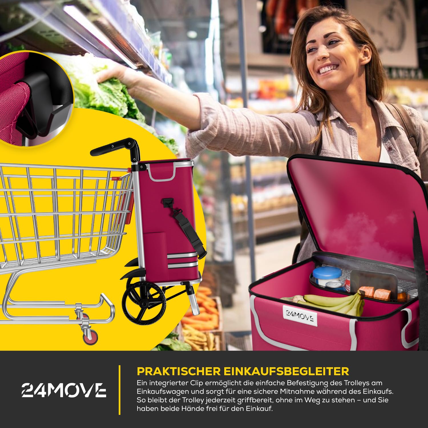 24MOVE® Einkaufstrolley Vehlo klappbar mit 55L inkl. Kühlfach, Faltbarer 3in1 Trolley - Sackkarre und Tasche, bis 30kg belastbar, rot