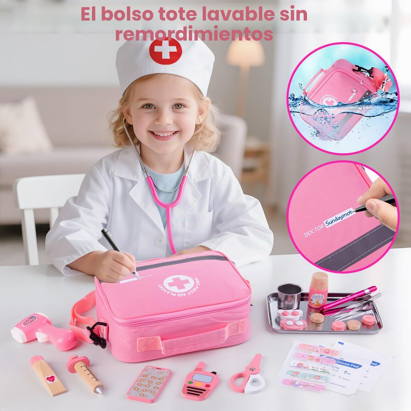 Sundaymot Maletin Medicos Juguete, 35 Piezas Madera Doctora Juguete con Estetoscopio Real, Bata, Cilindro de oxígeno, Termómetro y Jeringa, Juguete Educativo para Niños de 3+ Años