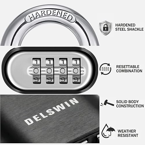 Miniatura 4 de DELSWIN Candado de combinación de 4 dígitos para exteriores, cerradura de casillero resistente con grillete de acero endurecido, cerradura combinada
