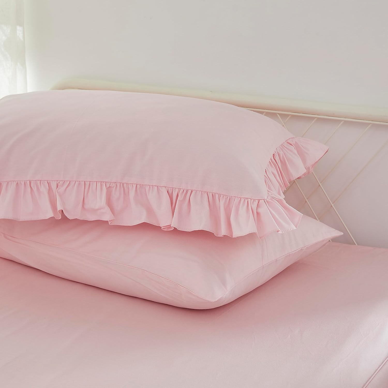 Brandream Kid's Duvet Cover Twin/Twin XL Size,100% Organic Cotton 2pcs Girl Bedding Duvet Cover Set, Ruffled Fringe Solid Color Breathable Soft with Zipper Closure & Corner Ties(Pink)