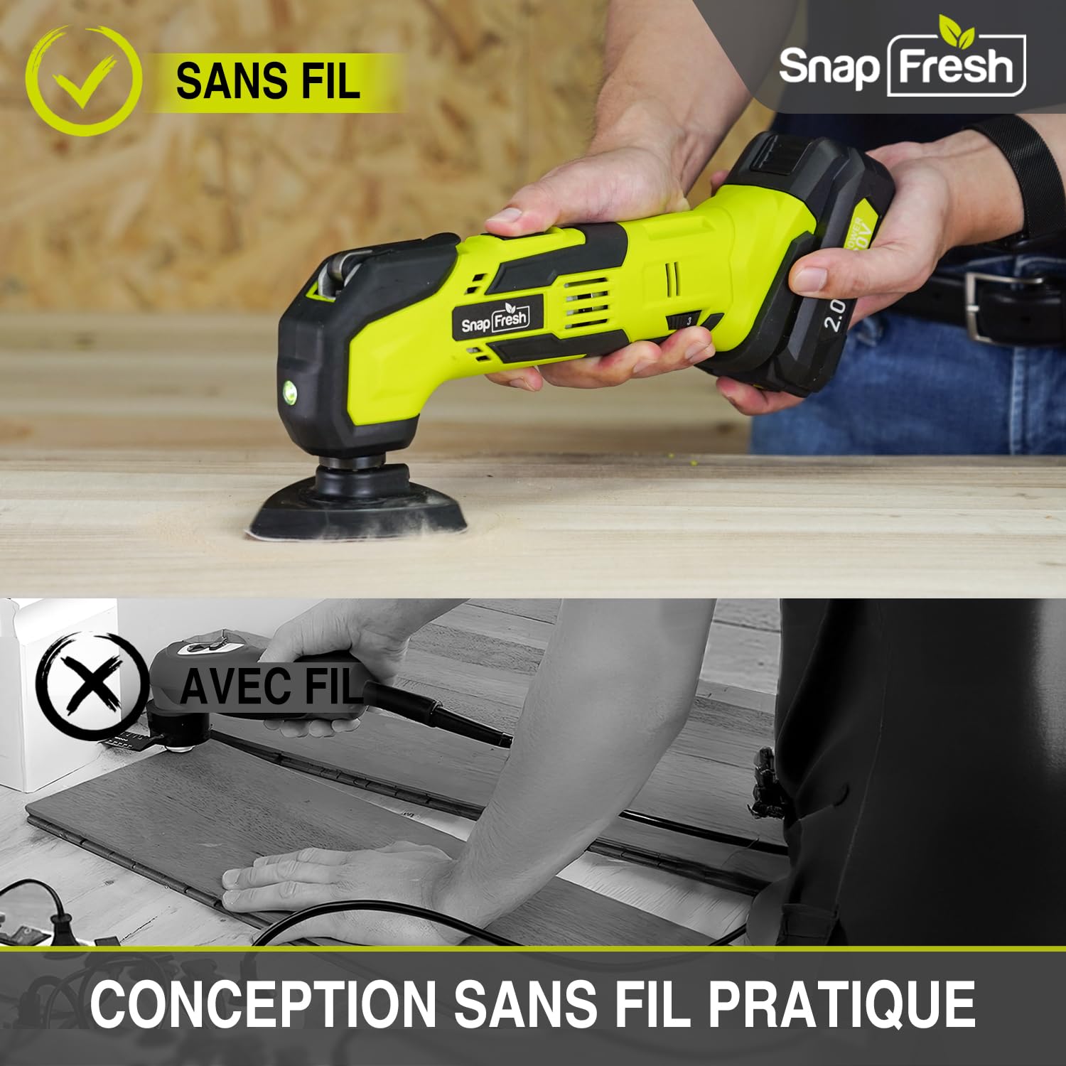 SnapFresh Outil Multifonction sans Fil 20V Scie Oscillants 6 Vitesses 5000-18000 tr/min Angle Oscillant 3,2° 24 Accessoires