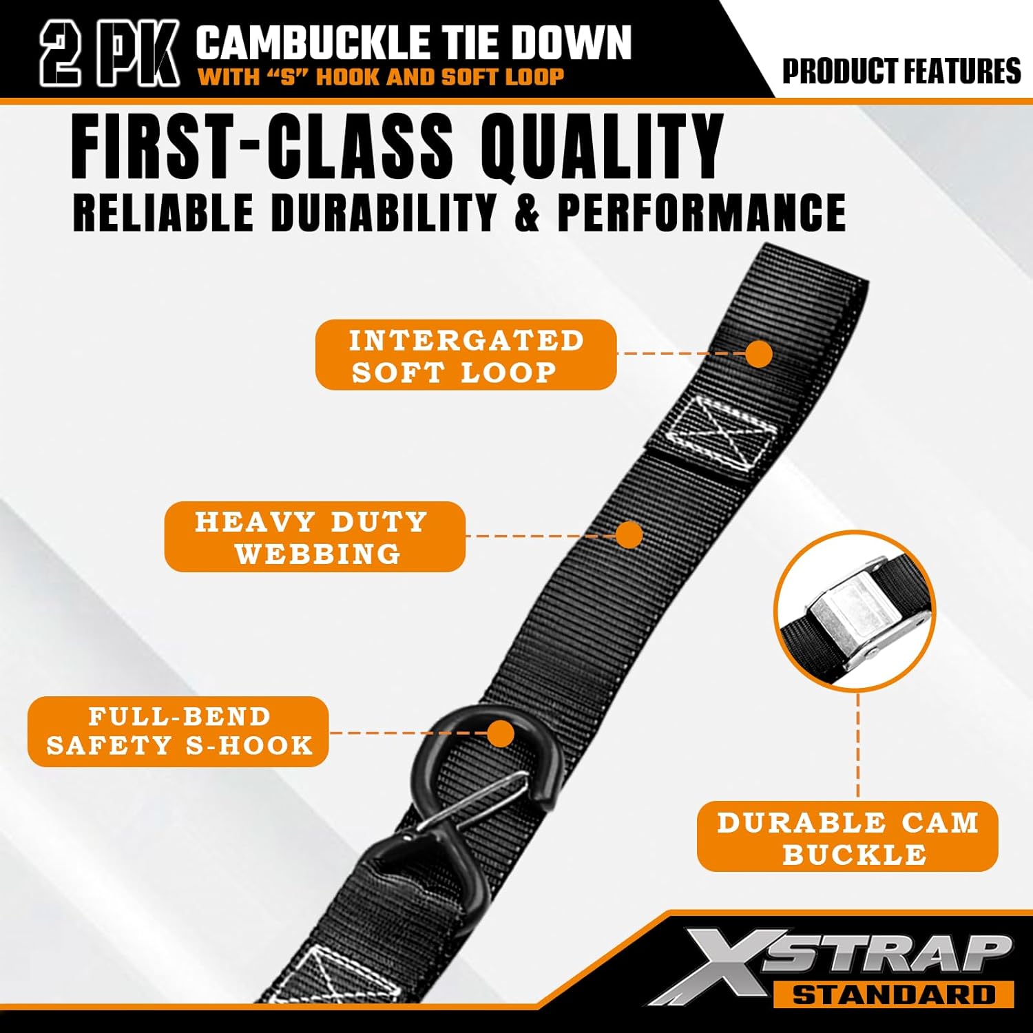 XSTRAP STANDARD Motorcycle Tie Down Straps (2 Pack) 3,000lb Break Strength, 1.5 in X 8FT Heavy-Duty Cambuckle Tie Down Set with S Hook and Soft Loops, Black - Image 4