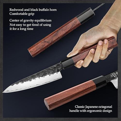 Vista 65 de HEZHEN Santoku - Cuchillo de chef de acero revestido de 3 capas, cuchillo de cocina japonés profesional para chefs y cocina casera, mango octogonal