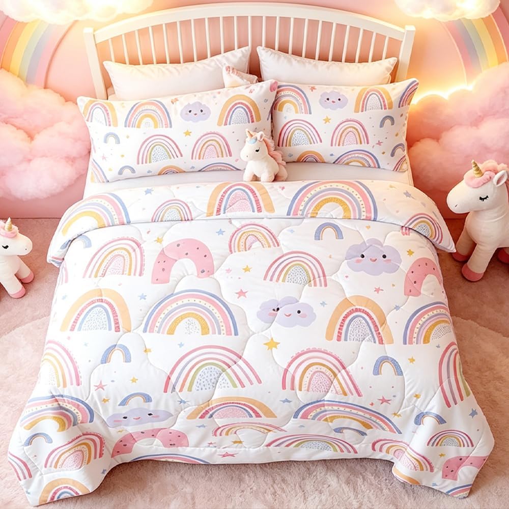 BEDMUST Rainbow Comforter Set Twin Size Pink Cute Kids Bedding 3 Pieces | Colorful Soft Dreamy Bedding Cloud Rainbow Print Bed Set with 2 Pillow Shams Durable Breathable Pastel Bedding for Girls