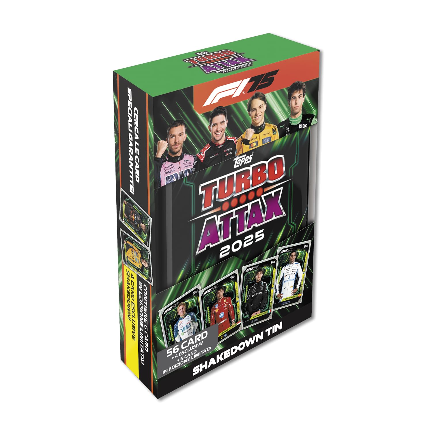 Topps Turbo Attax Formula 1 2025 - Mega Tin - Shakedown – contiene 66 carte incluse 6 Edizioni Limitate e 4 carte esclusive 'Shakedown'.
