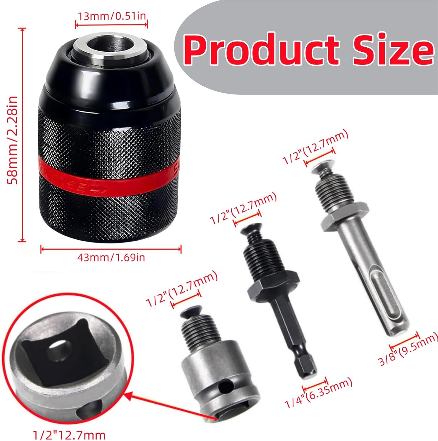 Multi - Function Keyless Drill Chuck for 1/2-20UNF Mount 1.5-13mm Self-tighten Drill Chuck for Multiple Purposes,Including 3/8" SDS-Plus Shank,1/4" Hex Shank,1/2" Impact Wrench Adapter