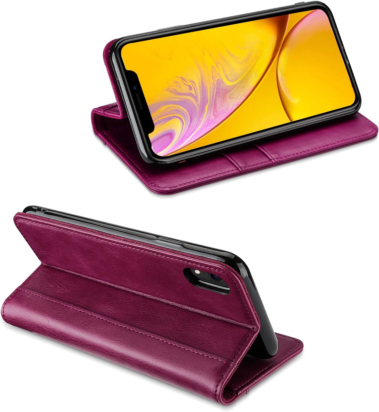 Lіmіtеd Stосk ProCase Genuine Leather Case for iPhone XR, Vintage Wallet Folding Flip Case with Kickstand Card Holder Protective Cover for Apple iPhone XR 6.1 (2018 Release) -Burgundy