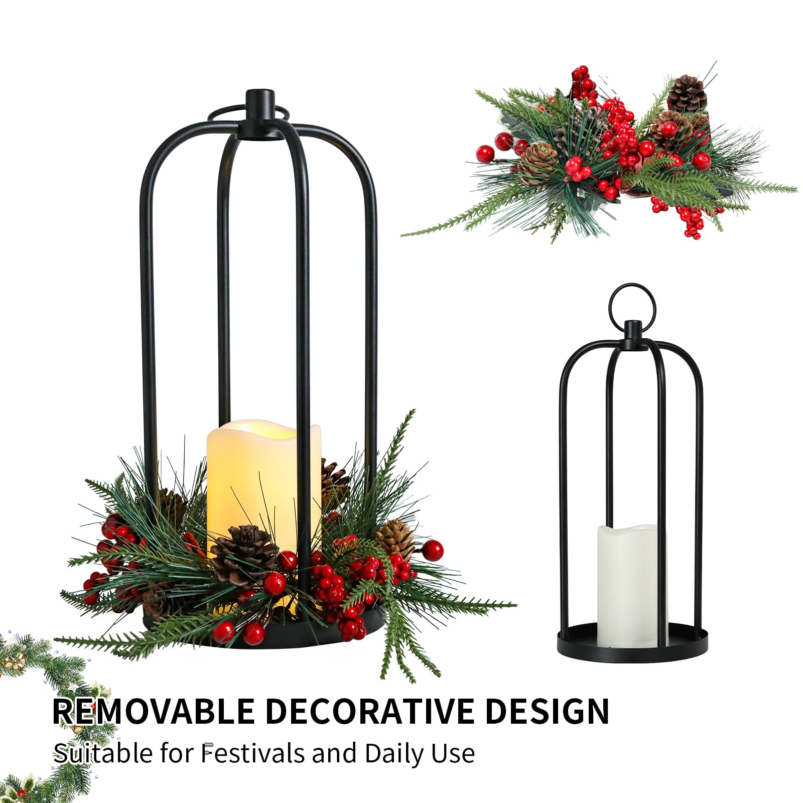 Bdor Juego de 2 faroles de Navidad, portavelas de metal colgante de 14 pulgadas de alto con conos de pino, bayas y vela LED sin llama, centro de mesa de vacaciones para decoración interior del hogar