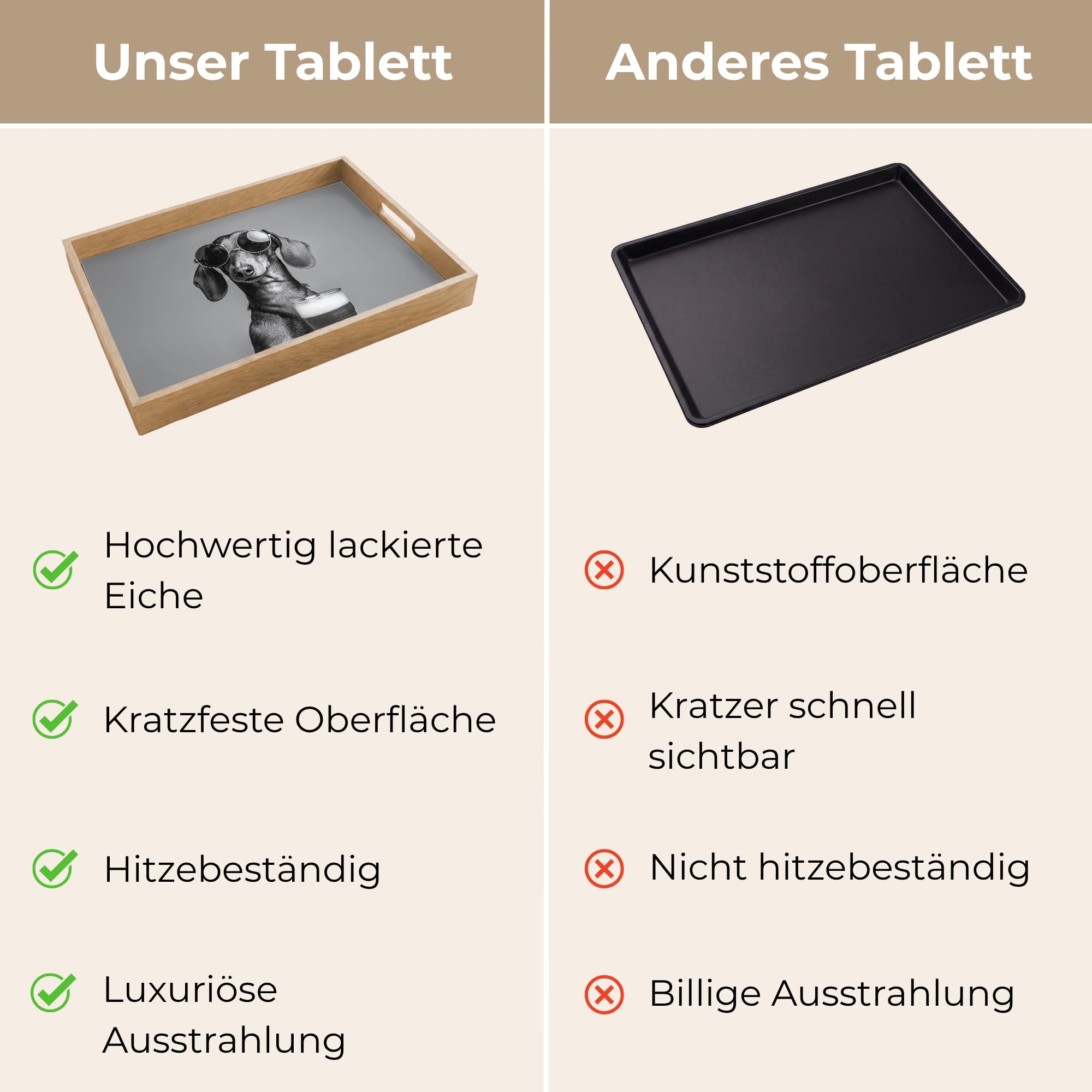 Holztablett Rechteckig 50x35 cm Küchentablett Servier Tablett Eiche Serviertablett Holz Servierplatte Mit Henkel Tray Kaffeetablett Dackel - Bier - Gläser