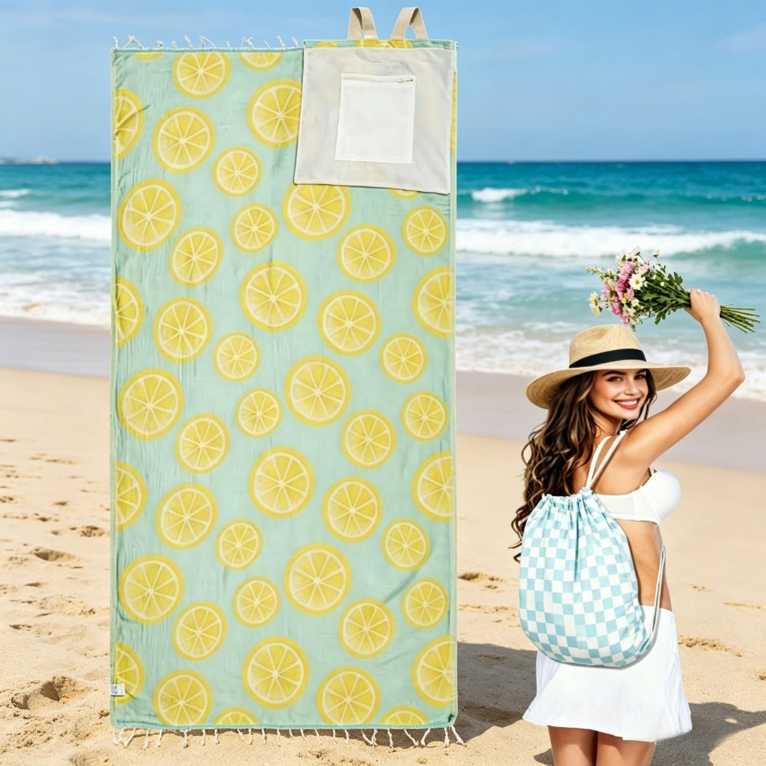 2 in 1 beach towel bag, 2-in-1 Convertible Towel & Backpack with Inner Zip Pocket & Sand-Repelling Fabric - Oversized Microfiber Wearable Beach Bag (#E)