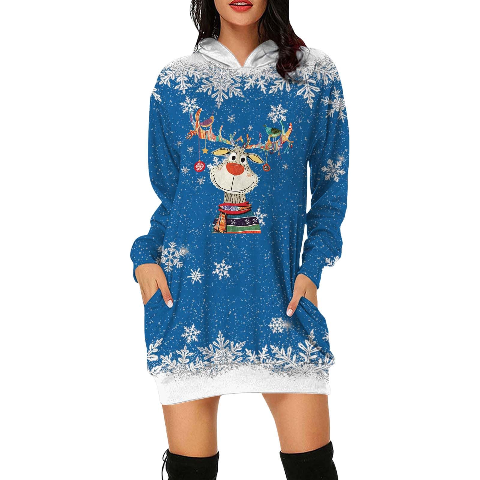 Vestito Natalizio Donna, Felpa Natale Donna Manica Lunga Maglione da Famiglia Taglie Forti Mini Abito Lunga Sweatshirt con Tasche Hoodie Pullover Vestito Natalizio Vestito Donna Maniche Lunghe