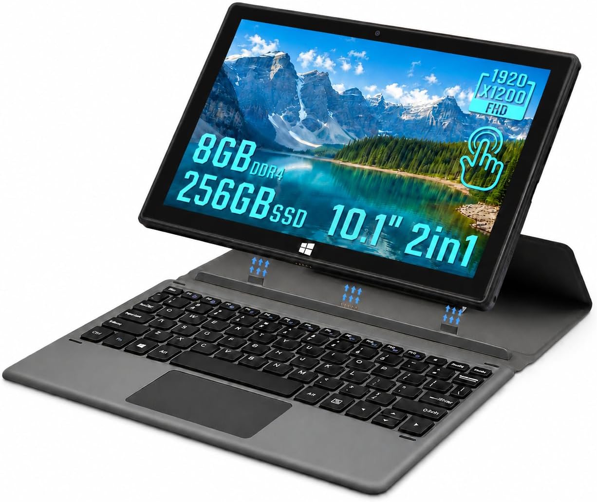 BINTEC 10.1-inch 2-in-1 Laptop/Tablet, Thin and Light Dual Camera, Touchscreen Computer, 1920×1200 IPS Screen, Tablet with Keyboard, Bluetooth 4.2, Wireless WiFi, Type-C Port (Black, 8GB+256GB SSD)