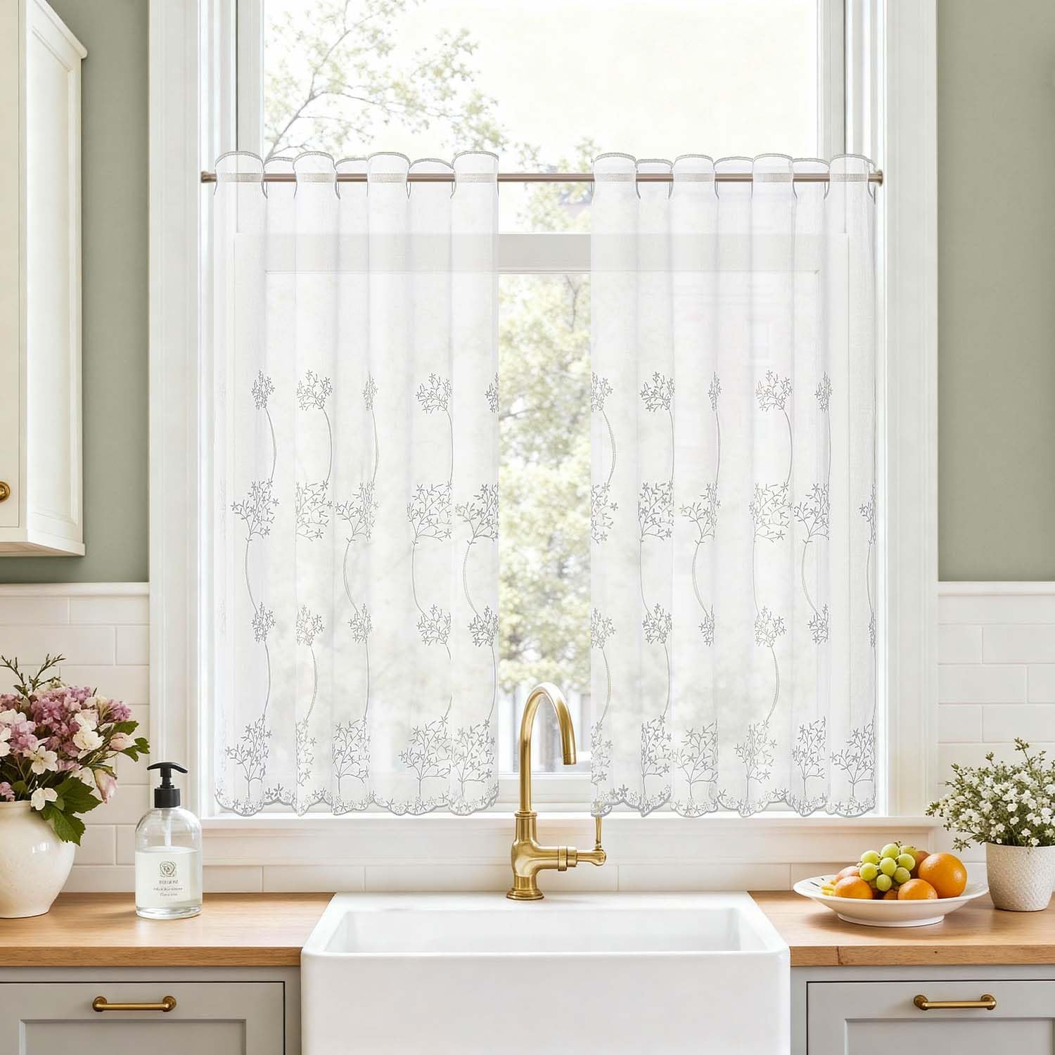 TOPICK Scheibengardine Küche lichtdurchlässig Bistrogardine Wohnzimmer modern Küchengardinen Gardine Schals Fensterschal Kurzgardine für Küche Küchenfenster Landhausstil