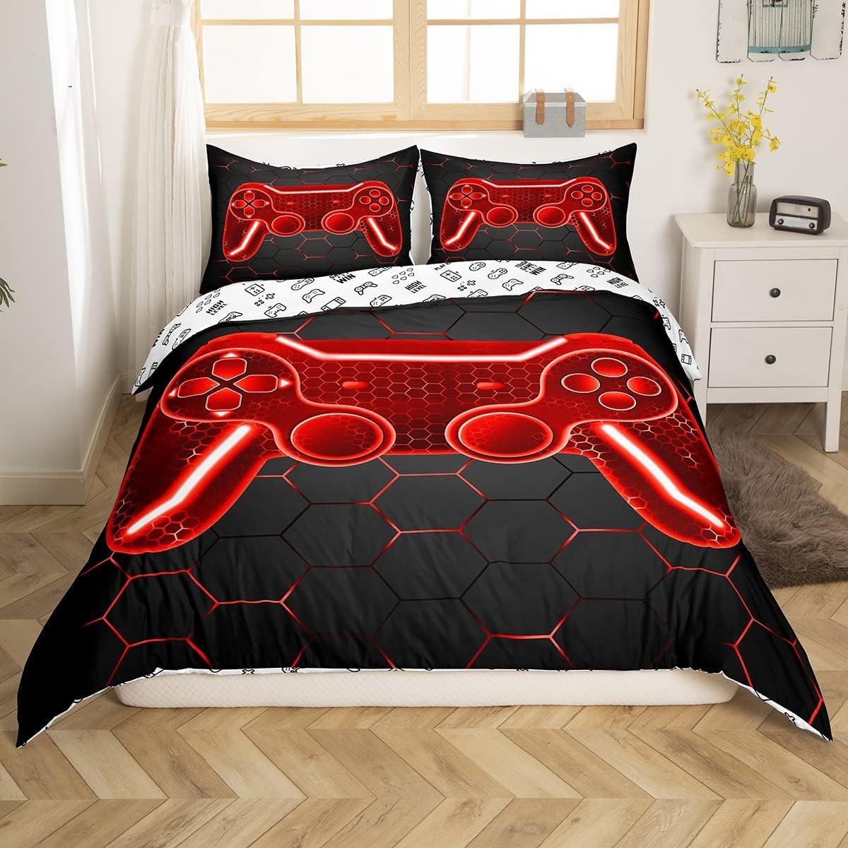 Loussiesd Gamer Bettwäsche Teenager 135x200cm Gaming Bettwäsche Rot Schwarz Gamepad Bettwäsche Jungen Geometrische Waben Bettwäsche Modern Spiel Controller Bettwäsche Set mit 1 Kissenbezug