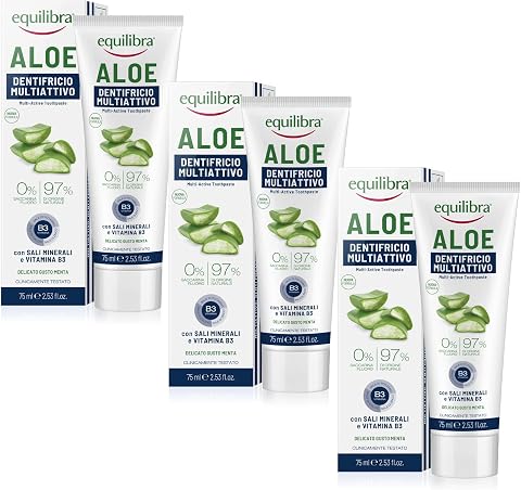 equilibra Igiene Dentale, Aloe Dentifricio Multiattivo, Dentifricio Aloe Vera in Gel Delicato dal Gusto Fresco, Aiuta a Proteggere da Carie, Tartaro e Disturbi Gengivali, 3 Pezzi da 75 ml
