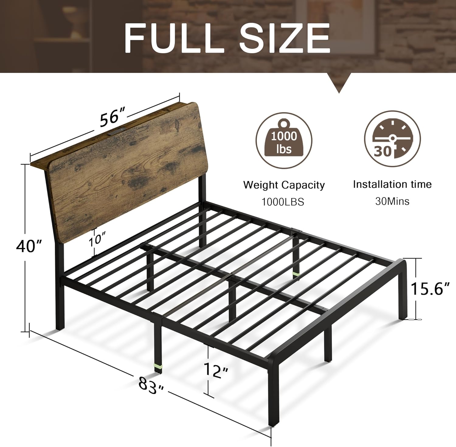Einhomn Full Bed Frame with Ergonomic Wooden Storage Headboard, LED Bed Frame with Charging Station, 12" UnderBed Storage, Heavy-Duty Metal Base, No Box Spring Needed, Easy Assembly, Vintage Brown