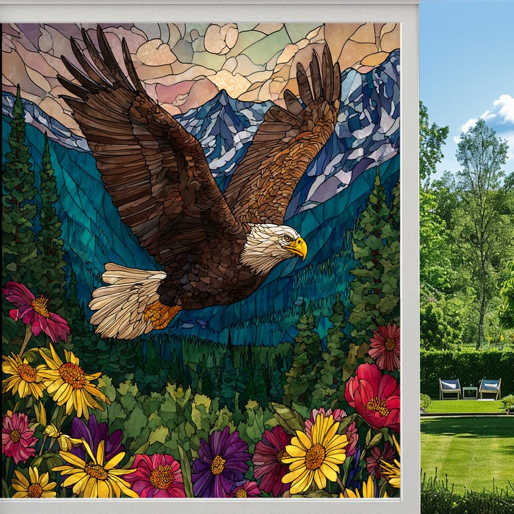 American Eagle Frosted Window Film, Snowy Mountain Bird Wildlife Stained Glass Privacy Film, Heat Insulation Self-Adhesive Vinyl for Bathroom Office, （45x100cm）