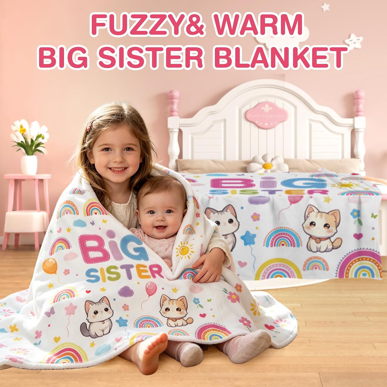 Big Sister Gifts for Girls Age 2-8, 12'' Large Sister Plush Cat Stuffed & Soft Cozy Flannel Big Sis Throw Blanket, New Sis Gifts Set of 5, New Sisters to Be Announcement Present (Big Sis-Cat)