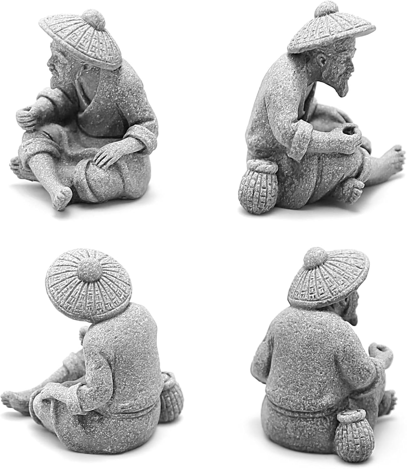2PCS Sitting Fishing Figurines Sandstone Vintage Ornament Japanese Decor for Fish Tank Pot Garden Home Aquarium Mini Fisherman Statue Asian Zen Decoration