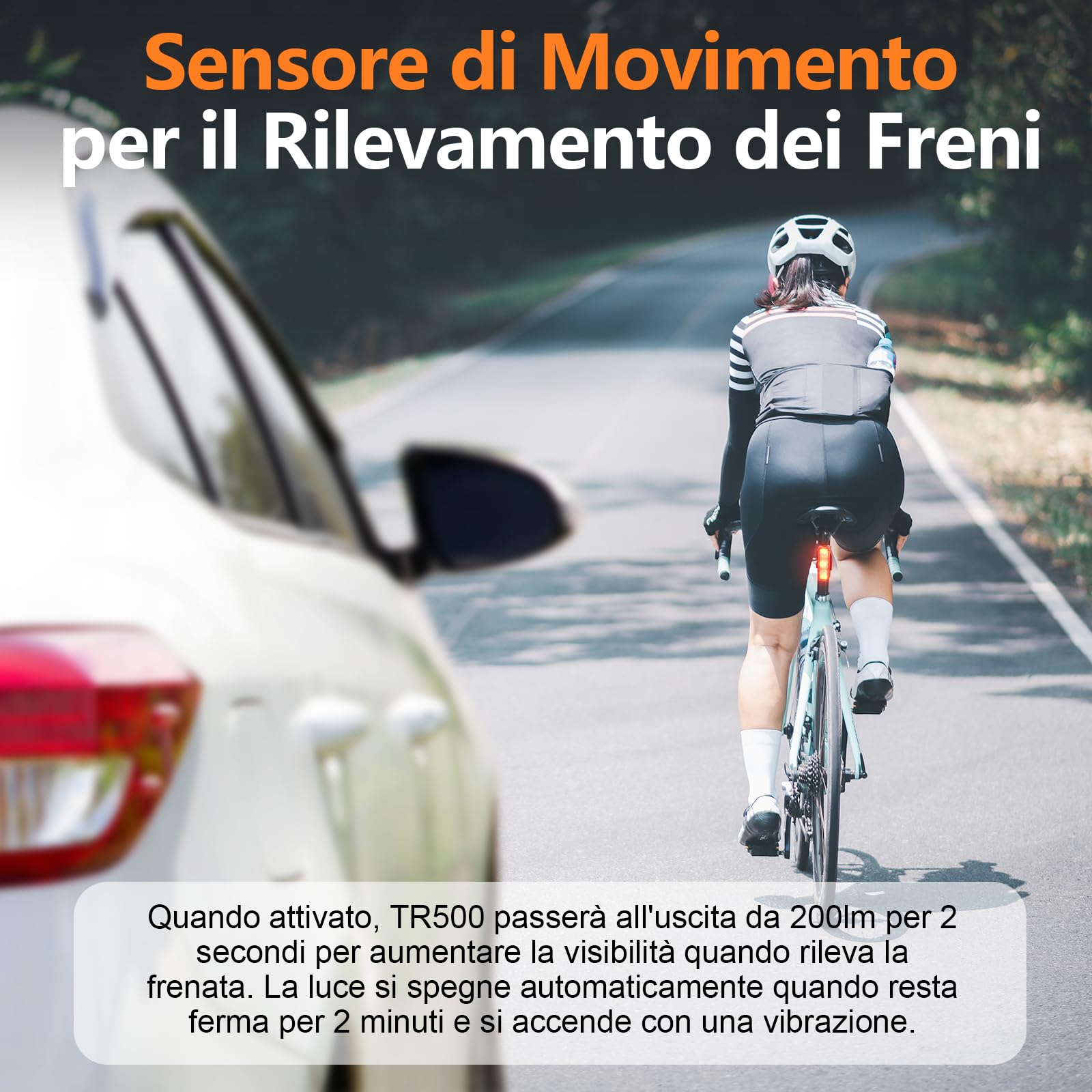 RAVEMEN TR500 500 Lumen fanale Posteriore per Bici per Guida Notturna Diurna,Luce Posteriore per Bici con sensore di frenata, USB C Ricaricabile Montare i reggisella Rotondi/aerodinamici