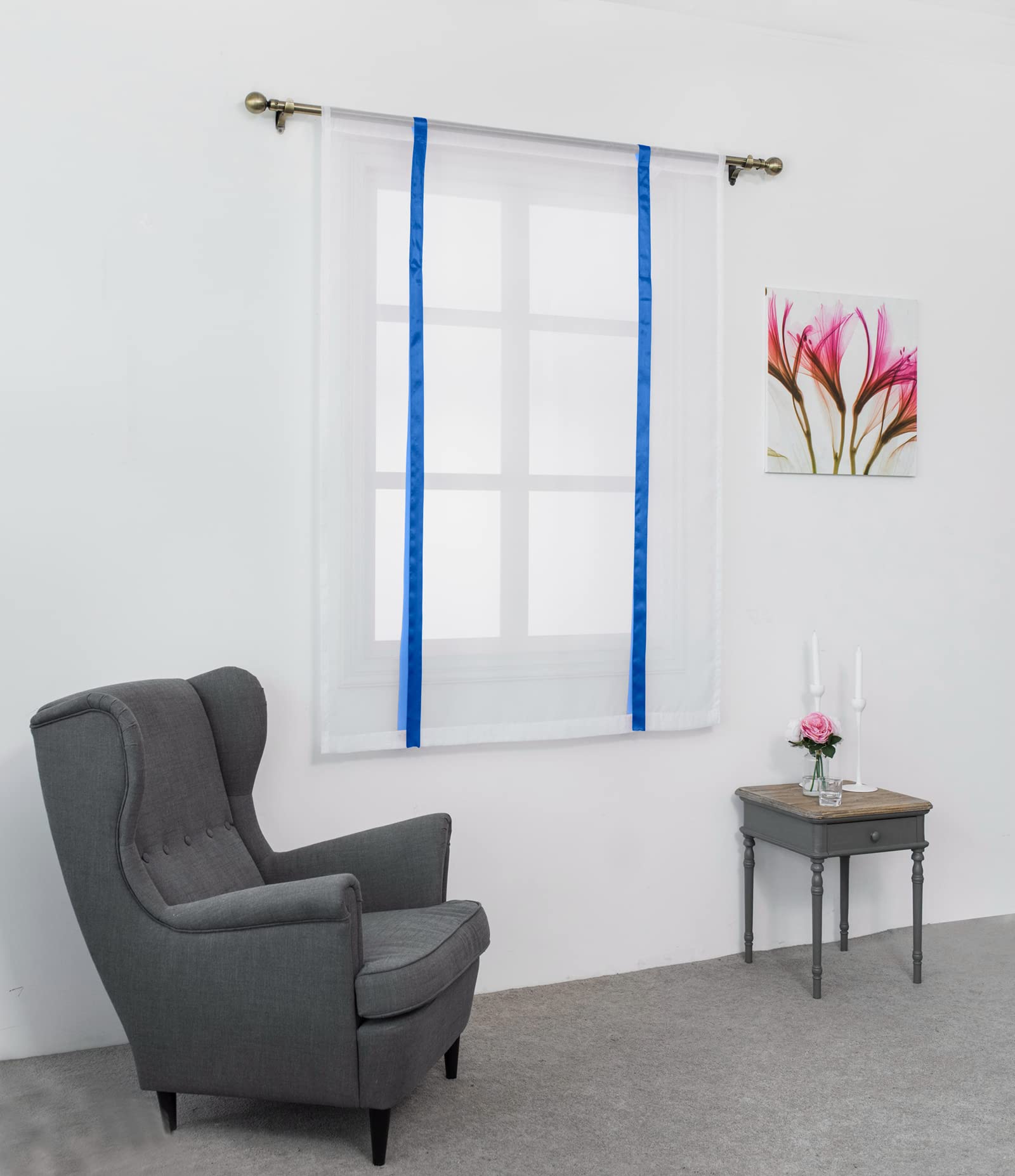 SIMPVALE 1 Piece Roman Blind Translucent Tulle Curtains Vertical Rod Pocket for Bedroom Kitchen Living Room Blue Ribbons Width 80 cm x Height 120 cm