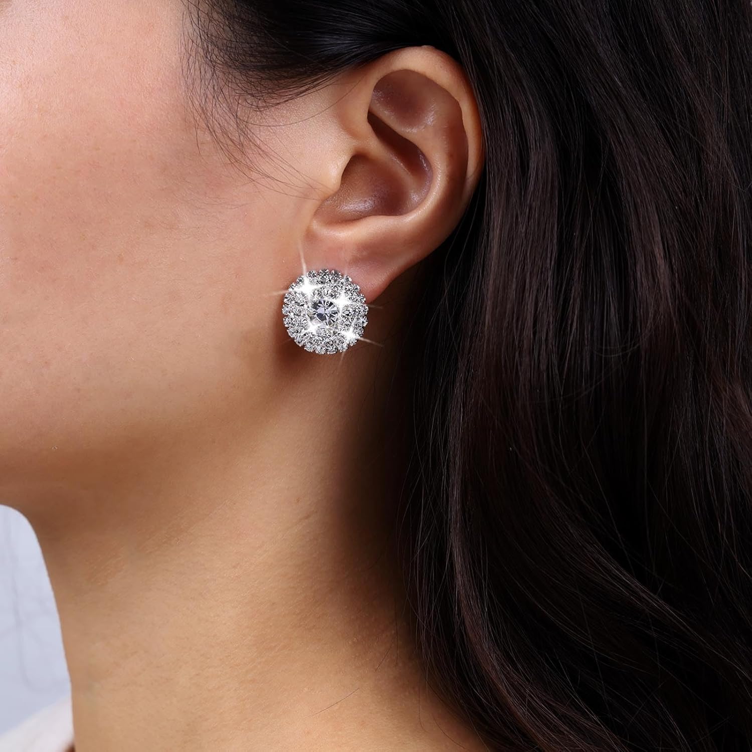 Boho Round Rhinestone Stud Earrings Sparkling Crystal Stud Earrings Silver Rhinestone Crystal Earrings Rhinestone Button Earrings Rhinestone Round Earrings Jewelry for Women - Image 4