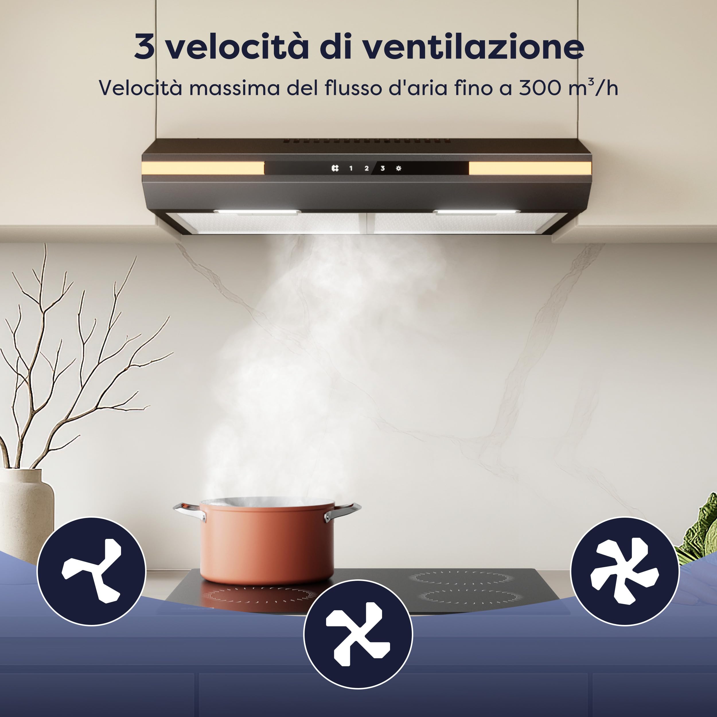 CIARRA CBCB6921 Cappa Aspirante 60cm Classe A+, 3 Velocità 300m³/h, Ricircolo ed Espulsione, Touch Screen Luce Ambientale Extra Cappa Sottopensile Nero con Filtro Carbone CBCF011