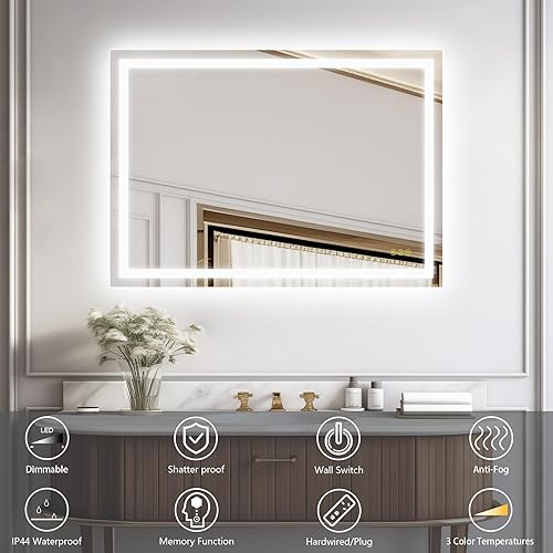 Miniatura 2 de Espejo LED de baño con luces de 20 x 28 pulgadas, espejo LED regulable sin escalones para baño, función de memoria antivaho iluminado, espejo de