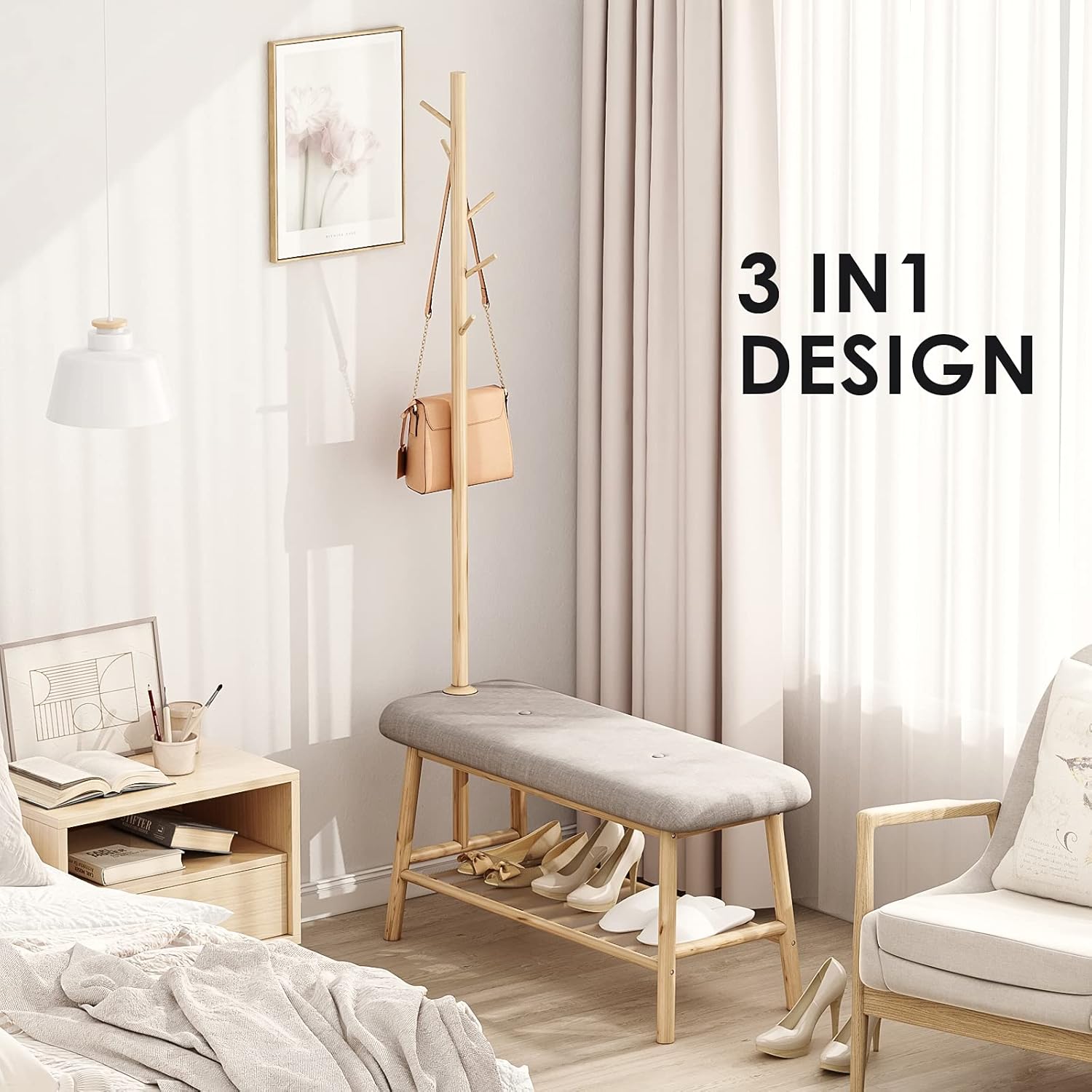 Bamworld Coat Rack Shoe Bench for Entryway, Hall Tree Bench with Storage, Bamboo 3-in-1 Design : Home & Kitchen