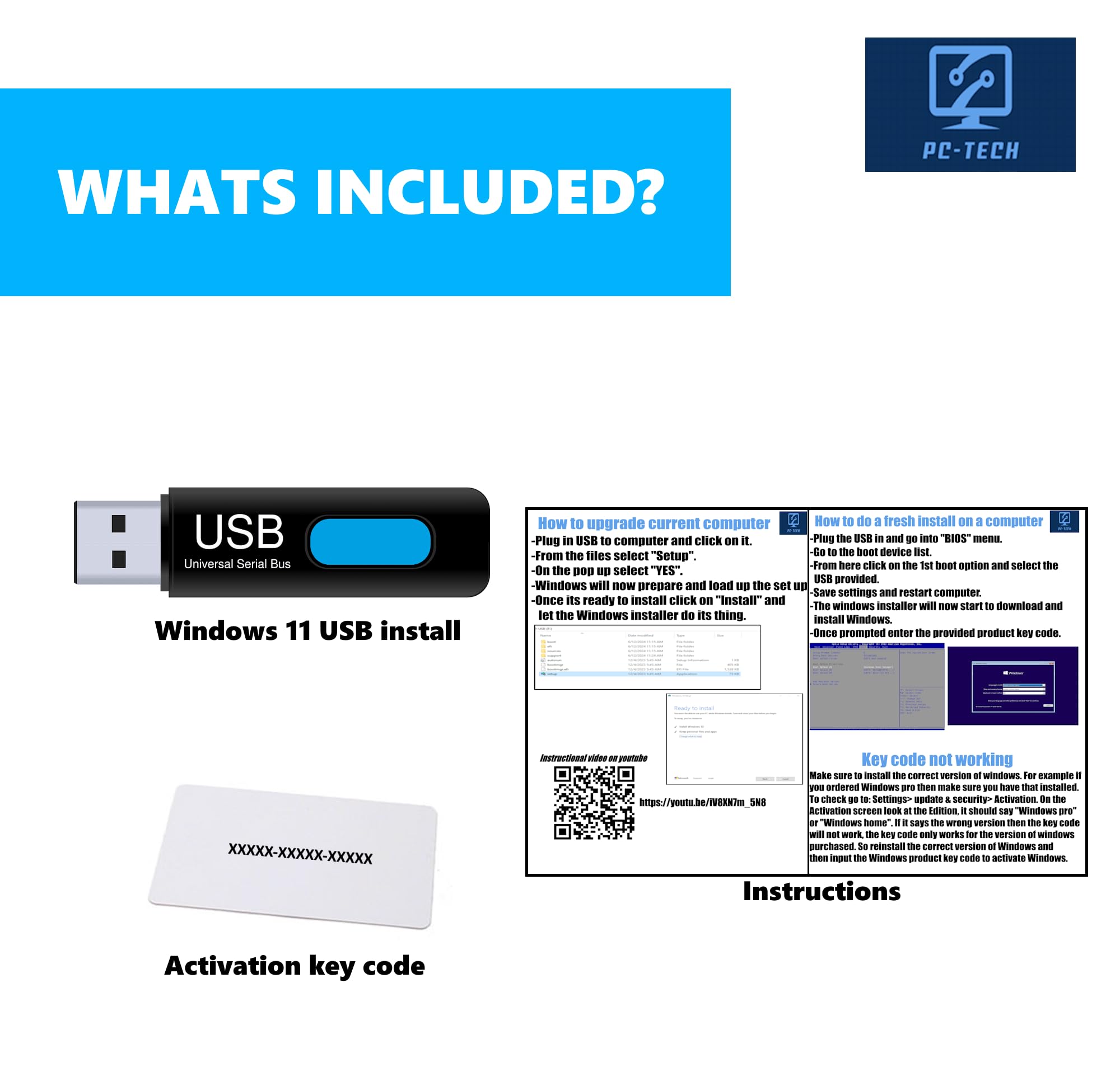TECH USB Compatible with Windows 11 professional 64 Bit USB With Key. Factory Fresh, Recover, Repair and Restore. Key Included and USB Install. Fix Desktop & Laptop. Free 24/7 Technical Support.