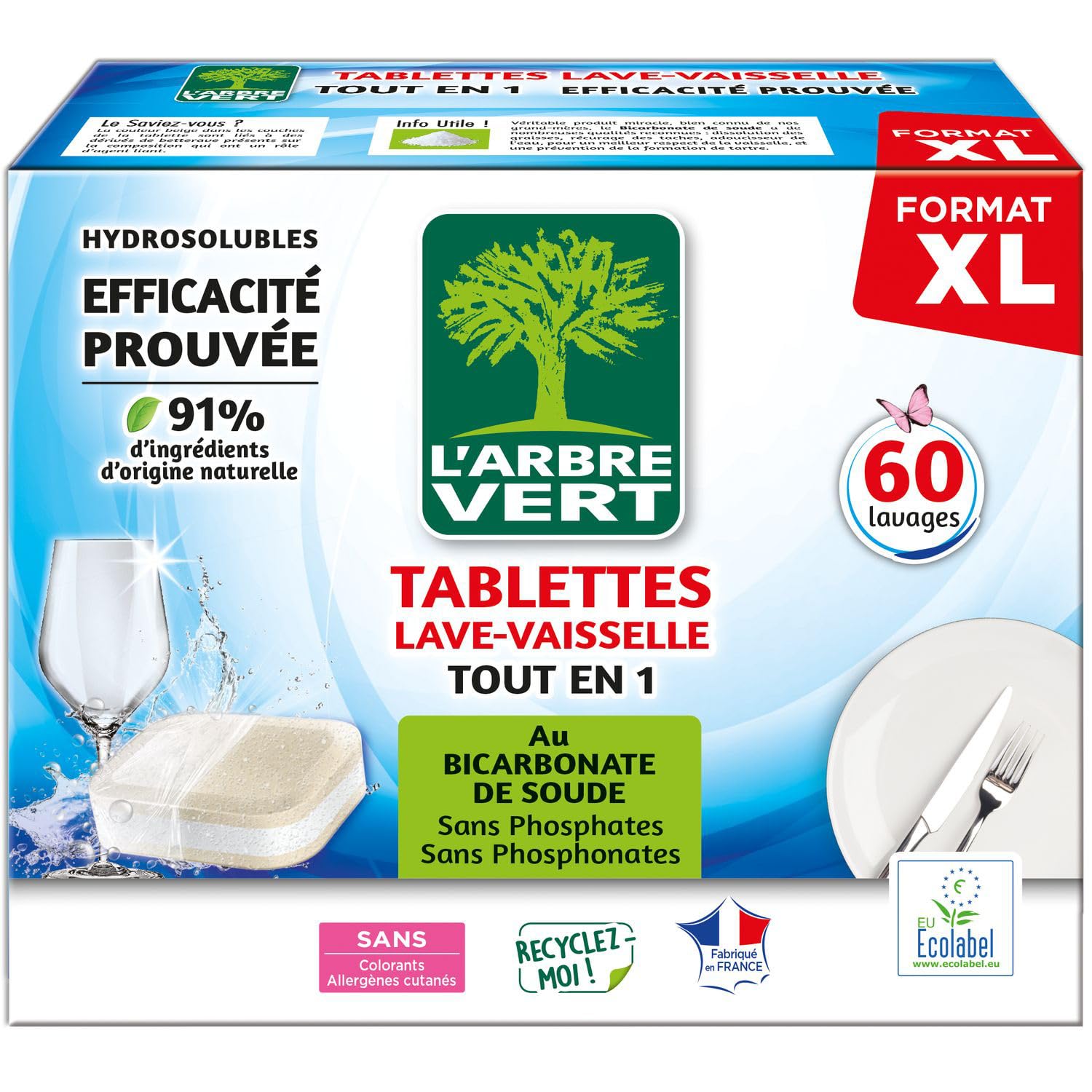 L'ARBRE VERT Tablettes Lave-Vaisselle Tout en 1 au Bicarbonate de Soude - 60 Tablettes Hydrosolubles - Format 1,095 kg - Ecolabel Européen - Sans Phosphates ni Colorants - Fabriqué en France